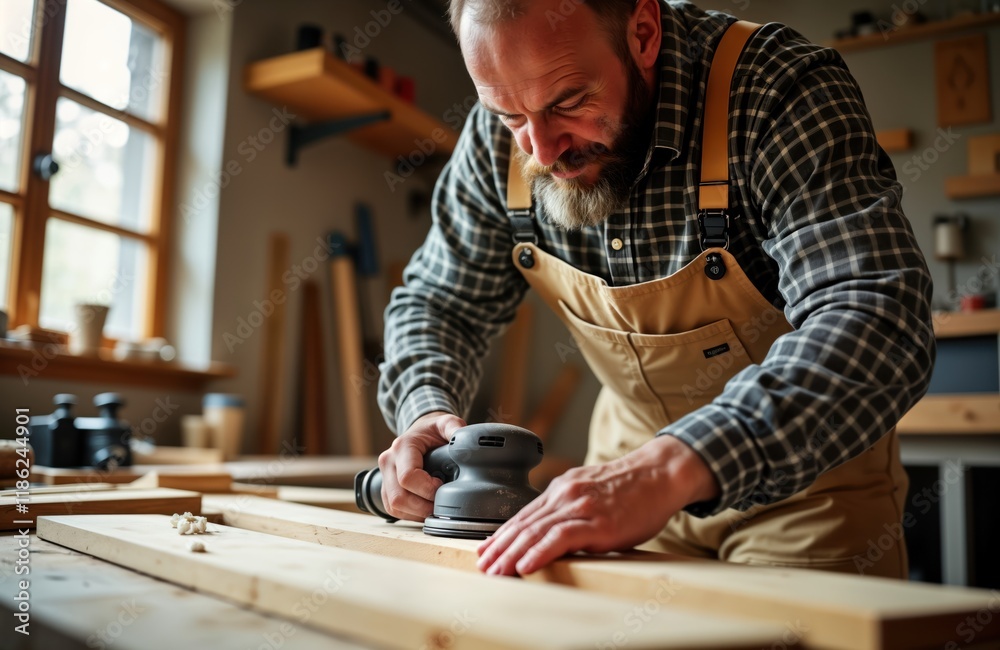 Wall mural Focused carpenter expertly uses power sander on wooden plank in well-lit carpentry workshop. Tools, materials visible around. Craftsman seems dedicated to work. Natural light streams into space.