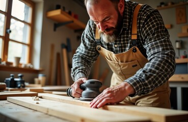 Focused carpenter expertly uses power sander on wooden plank in well-lit carpentry workshop. Tools, materials visible around. Craftsman seems dedicated to work. Natural light streams into space.