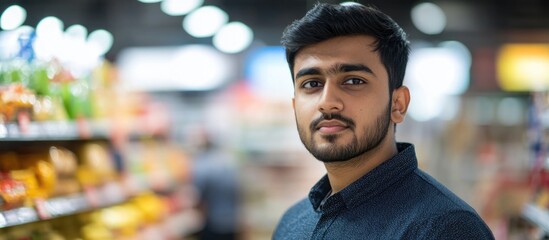 Fototapeta premium Handsome young Indian man with beard standing in grocery store aisle surrounded by colorful products soft bokeh background closeup portrait with empty space for text.