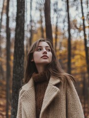 romantic girl in cozy beige sweater gazing upward in serene autumn forest with golden leaves and tall trees creating expansive copyspace for text