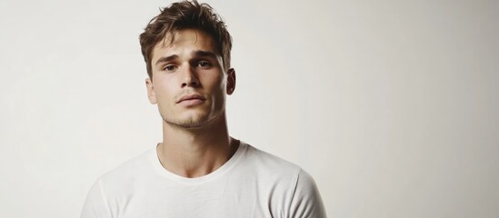 Handsome young man in a fitted white t-shirt against a clean white background, showcasing confident expression and ample empty space for promotional text.
