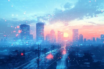 New Delhi city in the future. skyline of skyscrapers and the digital data stream connecting buildings, smart development