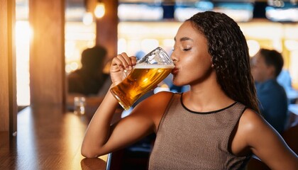 beautiful young woman drinking beer in pub, AI generated