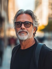Fototapeta premium Confident mature man with gray hair and glasses standing in an urban setting, soft sunlight, wide empty copyspace, ideal for text overlay.