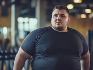 Fototapeta premium Overweight young man in black athletic wear focused in gym with blurred fitness equipment in background emphasizing determination and goal achievement