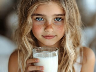 Little girl with dairy allergy holding glass of milk indoors with soft natural light and blurred background, ample copyspace for text, warm tones, focus on face.