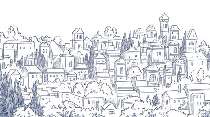 A hand-drawn scenic sketch of a European hillside village with charming rooftops historic buildings and lush greenery covering the landscape  
