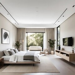 Modern minimalist bedroom design with garden view