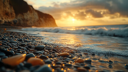 Obraz premium Beautiful sunset over a rocky beach with gentle waves and golden hues