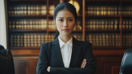 Professional Asian female lawyer in a black suit standing confidently in a law office with bookshelves in the background, arms crossed, natural light, empty space for text.