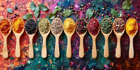 Obraz premium Colorful spices in wooden spoons on vibrant background.