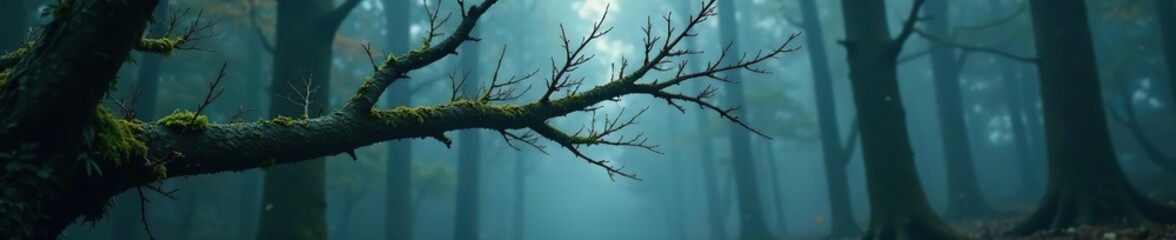Fototapeta premium Abstract branch in a dark, misty forest environment, isolated, desolate