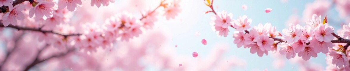 Delicate cherry blossoms fall from the sky, blanketing a serene landscape in white petals, pink, flowers, white