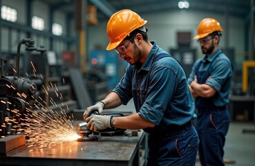 Manual worker uses grinder on metal in industrial factory workshop. Sparks fly. Other workers stand nearby. Heavy industry production. Metalwork. Manufacturing process.