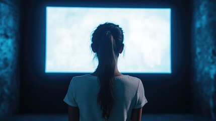 Young woman with long dark hair in a white t-shirt watching blue screen footage in a dimly lit space with empty copyspace for text