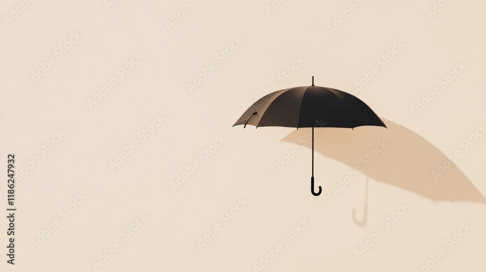 Leinwandbilder Black umbrella floating in the air with its shadow projected on a beige background, creating a surreal and minimalist composition with copy space