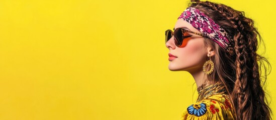 Naklejka premium Hippie woman with long braids and vibrant sunglasses poses against a bright yellow background showcasing stylish fashion and accessories.