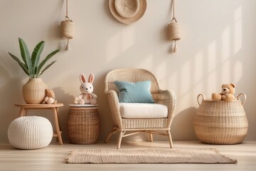 Obraz premium Cozy kids room interior, plush toys, pillow, braided armchair, rattan sideboard, Buttercream wall