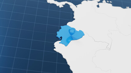 Fototapeta premium Blue Ecuador 3d map with pointer pin surrounded with other countries in white. Political map with borders. 3d render illustration