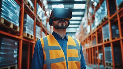 Male warehouse worker wearing virtual reality glasses in an industrial storage facility with bright orange safety vest surrounded by stacked containers