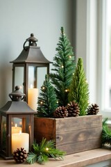 Tiny fir trees and pinecones on a rustic wooden planter amidst lanterns, rustic charm, small Christmas trees, holiday planters