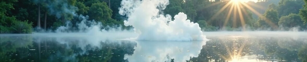 Obraz premium White smoke rising from the surface of a still pond on a peaceful landscape, smoke, serene, reflection
