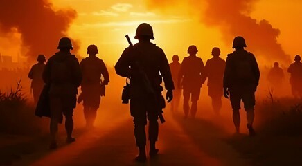 Soldiers Advancing in Intense Combat Atmosphere - Powered by Adobe