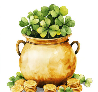 watercolor pot gold coins shamrocks st patrick's day clip art preview