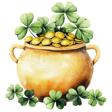 watercolor pot gold coins shamrocks st patrick's clip art preview
