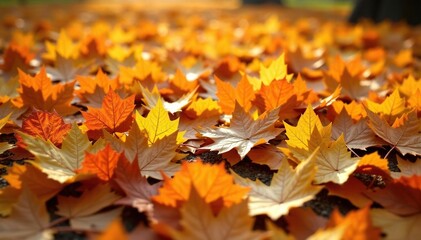 A carpet of fallen leaves in shades of gold and orange, earthy tones, fall leaves