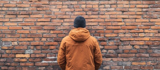Man wearing a warm orange jacket standing against a textured red brick wall with ample blank space for text and creative design elements.