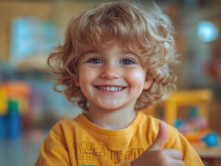 Joyful young boy with curly blonde hair expressing happiness and giving thumbs up during occupational therapy session, vibrant colors, bright indoor setting with ample copyspace for text.