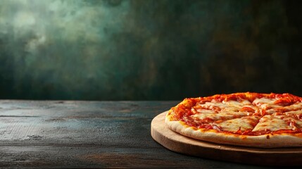 Delicious pizza on wooden board with melted cheese and tomato sauce served on rustic table with deep green background and empty space for text