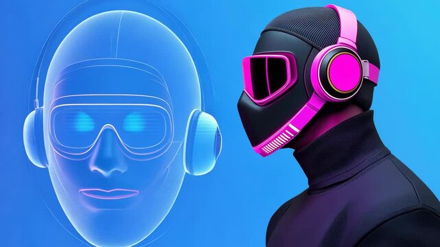 Futuristic Person in Black Helmet with Pink Accents and Headphones Facing Digital Holographic Face on Blue Background, Evoking Modern Technology and Innovation