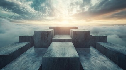 SWOT analysis concept with abstract concrete steps leading into a cloudy sky at sunrise, showcasing empty space for text and strategic planning ideas.