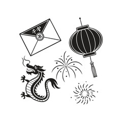 Chinese new year icons set monochrome vector