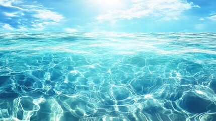 Fototapeta premium Serene Aqua Seascape with Crystal Clear Turquoise Water Reflecting Bright Sunlight and Soft Clouds, Ideal for Text Overlay in Copyspace