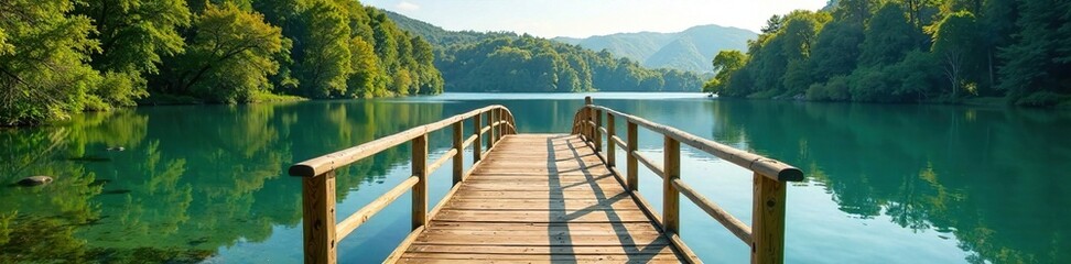 Obraz premium Wooden footbridge crossing over calm lake waters, summer, lake, trees