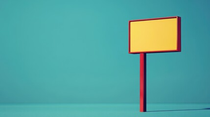 Colorful empty informational guidepost on vibrant turquoise background with ample negative space for text, showcasing a bright yellow sign on a red frame.