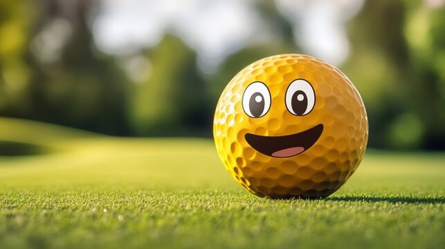 Cartoon golf ball emoji face icon; playful design 