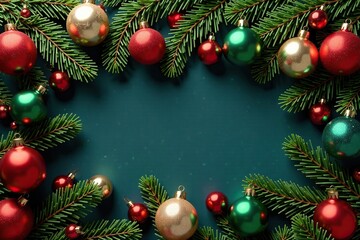 Decorated fir branches with colorful glass balls and garlands, colors, holiday decorations