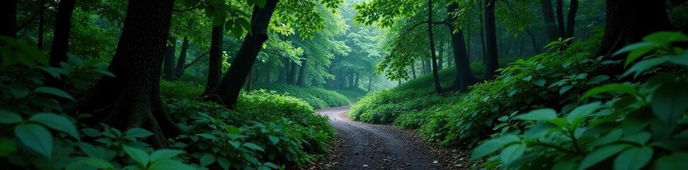 Obraz premium Dense foliage surrounds a winding forest path, darkness, nature