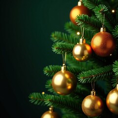 Fototapeta premium Evergreen tree adorned with glittering gold ornaments, opulence, ornaments, holiday