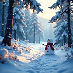 Obraz premium Frosty forest with snow-covered trees and a snowman, frozen, cold