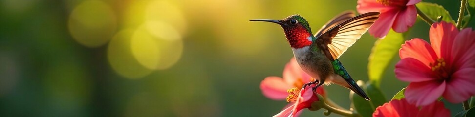 Naklejka premium Hummingbird's throat patch glowing in sunlight, nature photography, flowers