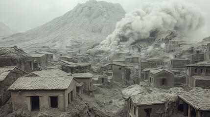 small village covered in ash after volcanic eruption, showcasing destruction and desolation