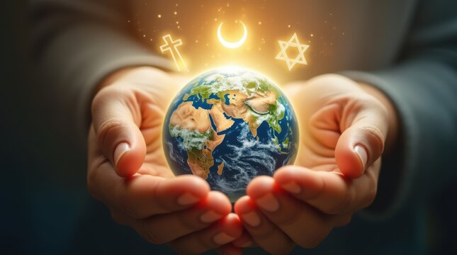 Earth in Gentle Hands: A Glowing Depiction of Interfaith Harmony