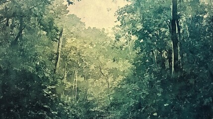 Digital watercolor painting of a lush forest landscape