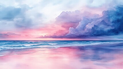 Obraz premium Pastel sunset, ocean waves, pink sandy beach.