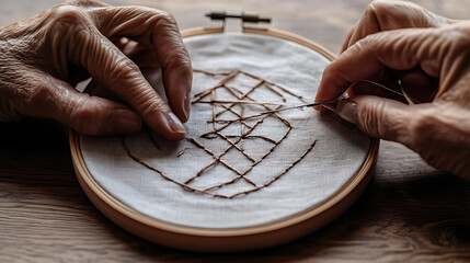 Closeup of elderly hands meticulously embroidering a geometric pattern onto fabric in a wooden hoop.  The image evokes themes of craftsmanship, patience, and tradition.